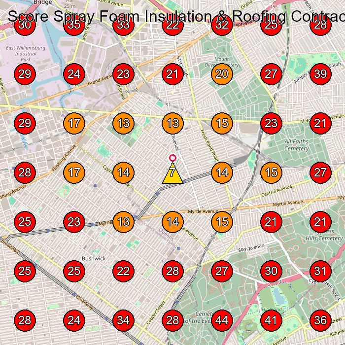 Score Spray Foam Insulation & Roofing Contractor GeoGrid visibility map for Roofing Contractor in Brooklyn